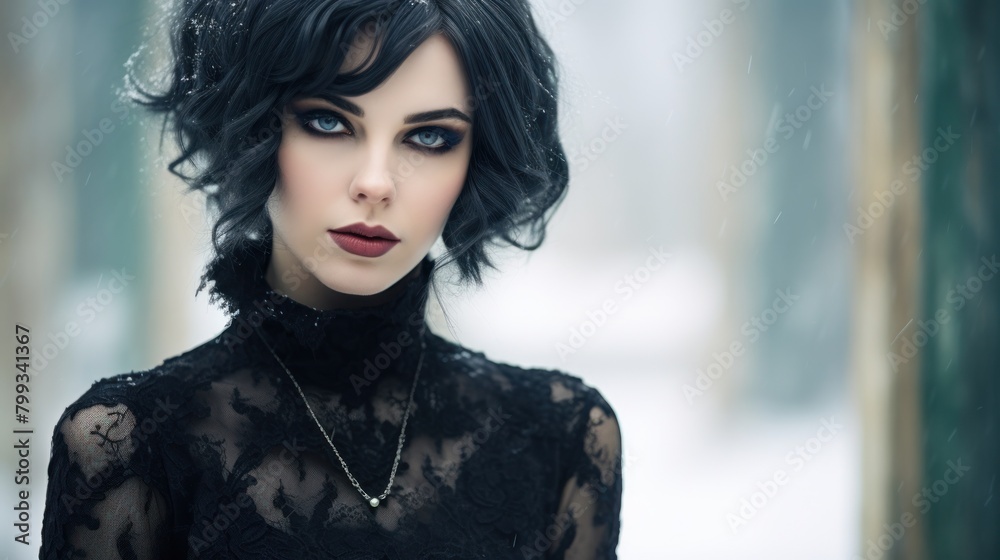 Elegant woman in black lace dress during snowy day Elegant woman in black lace dress during snowy day
