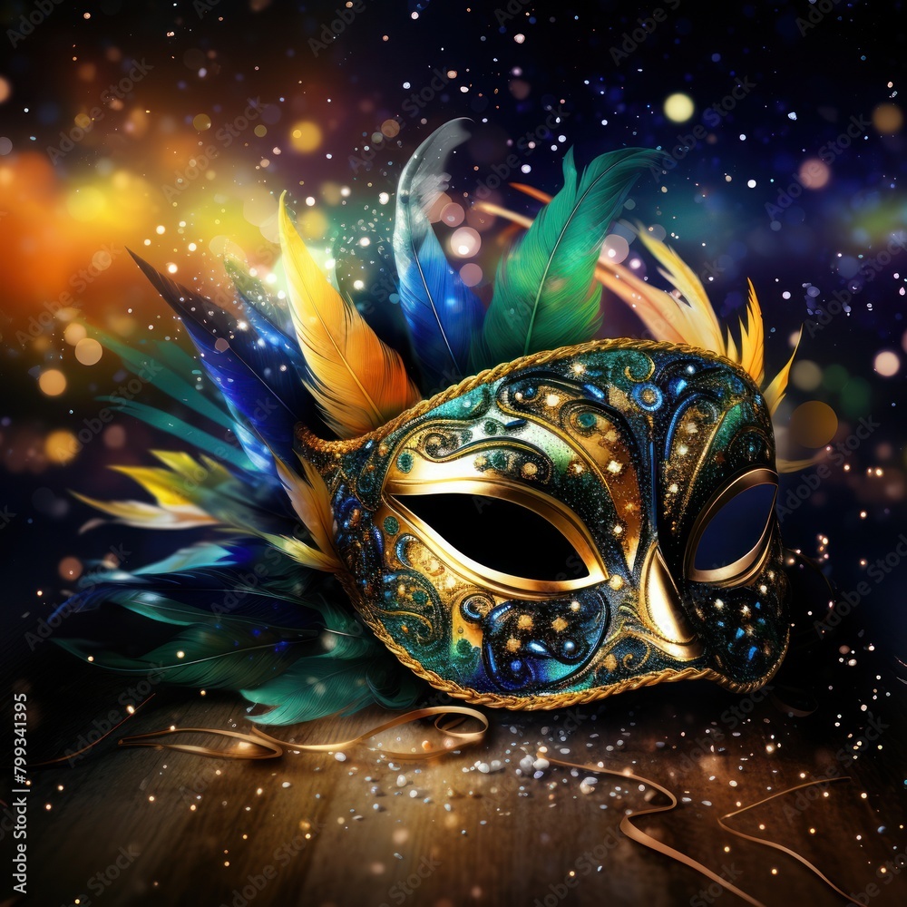 Elegant Venetian Mask with Colorful Feathers on a Sparkling Background