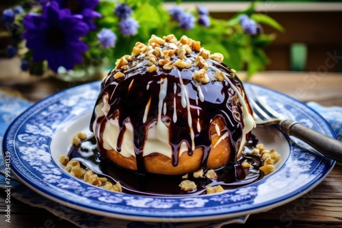Delicious glazed donut topped with nuts and chocolate syrup on a decorative plate