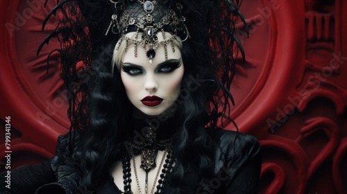 Gothic queen in elaborate attire against a red ornate background