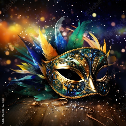 Elegant Venetian Mask with Colorful Feathers on a Sparkling Background