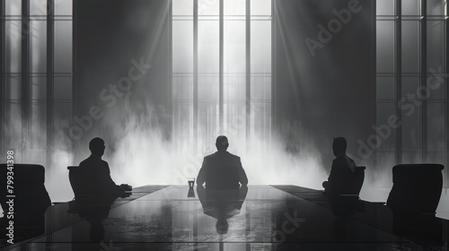 Three businessmen sit at a conference table in a modern office with large windows. #799341398