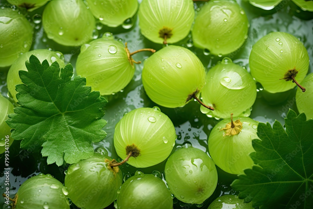 fresh green gooseberries with water droplets and leaves fresh green gooseberries with water droplets and leaves
