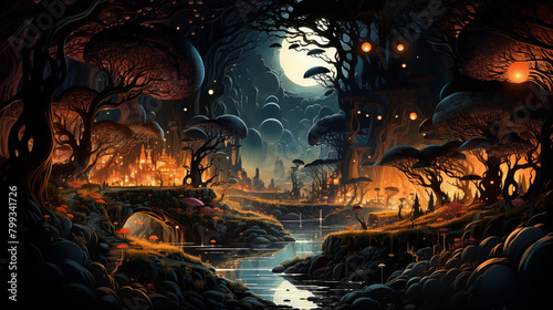 Fantasy art landscape with moon and planets.