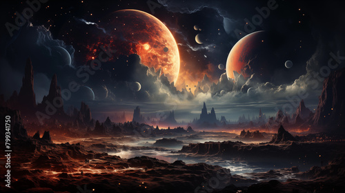 Fantasy landscape of space  moon and planets