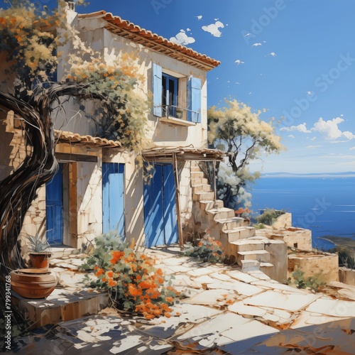 Painting depicting a stunning Mediterranean house and landscape