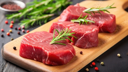 Fresh raw beef steaks with rosemary and spices on wooden board