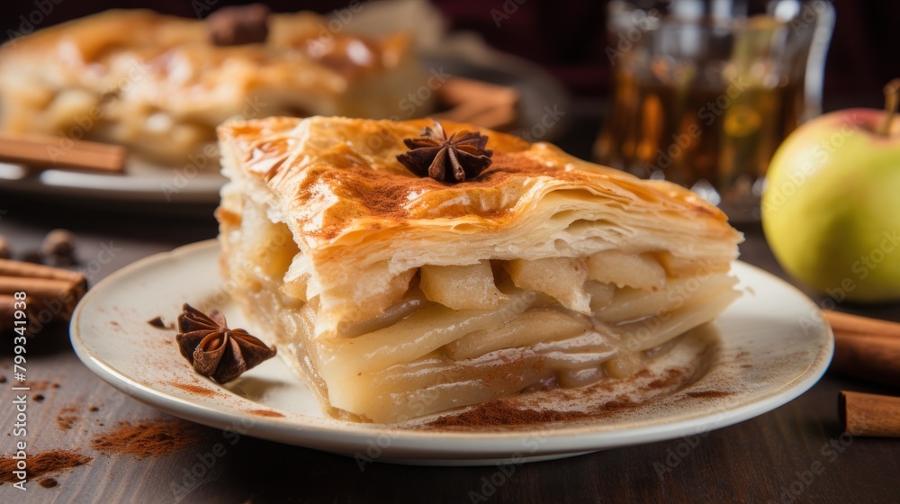 Delicious apple pie served on a rustic wooden table Delicious apple pie served on a rustic wooden table