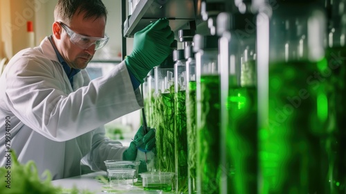 Professional environmental engineer inspect seaweed or bio fuel sample at laboratory. Attractive scientist checking and doing experiment with algae or seaweed while wearing lab coat. Science. AIG42. photo