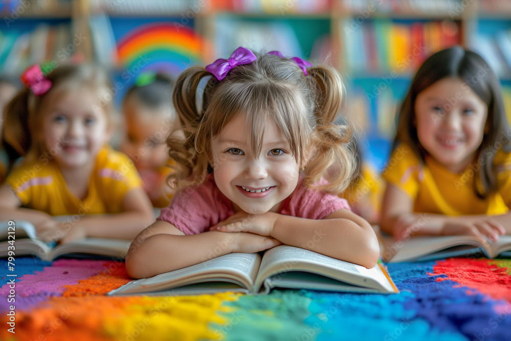 Children in kindergarten at a reading lesson. Pre-school education