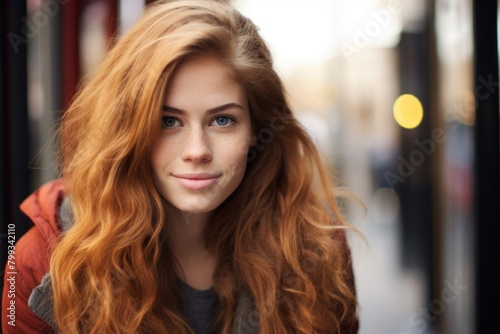 Portrait of a young woman with red hair smiling in an urban setting © Balaraw
