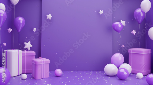 3d rendering of colorful purple background wall with birthday party decoration, purple colors, empty wall mock up, birthday invitation, greeting card