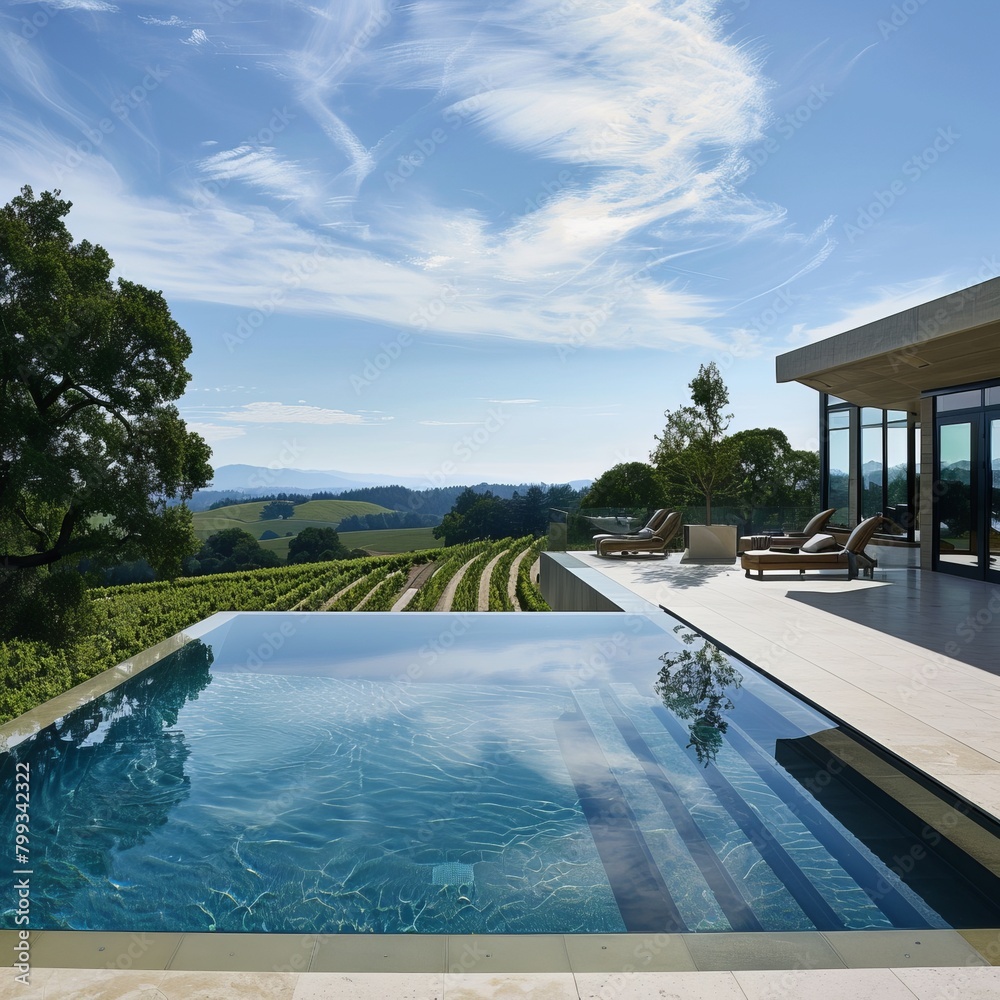 ALTO DOURO VALLEY, PORTO E NORTE, PORTUGAL- October 9, 2015. Swimming pool surrounded by vineyards in Quinta Nova luxury winery house, one of the most beautiful guesthouses in the valley.