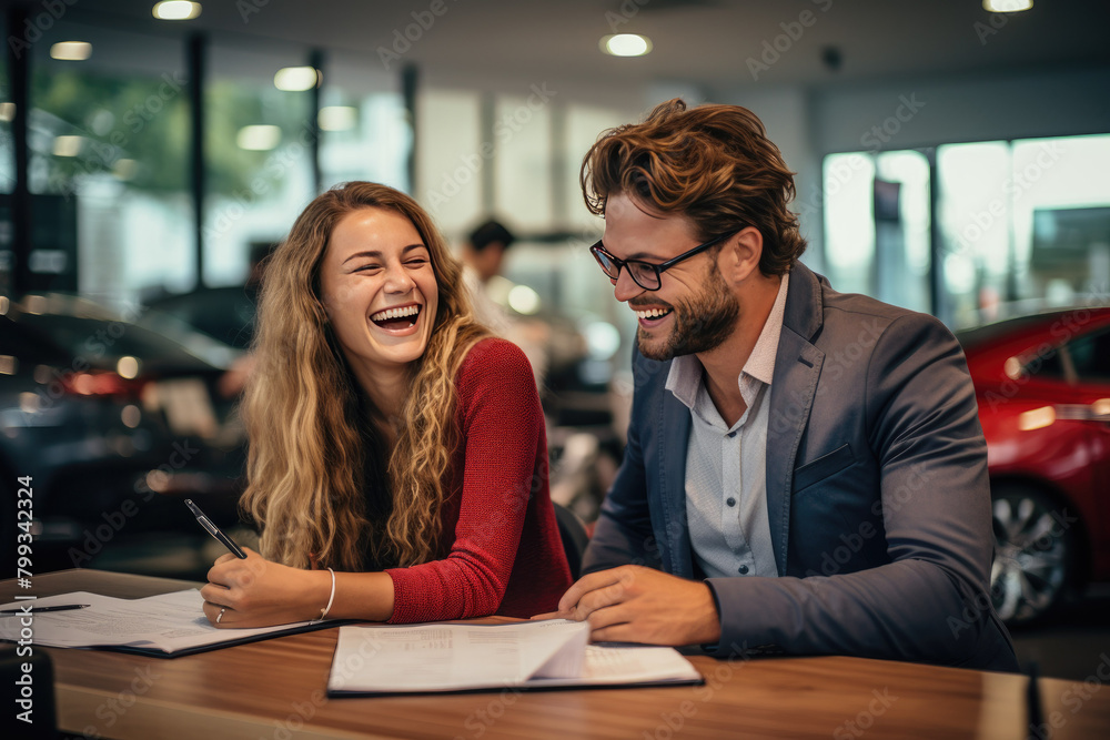 laughing woman and man signing documents at a dealership laughing woman and man signing documents at a dealership
