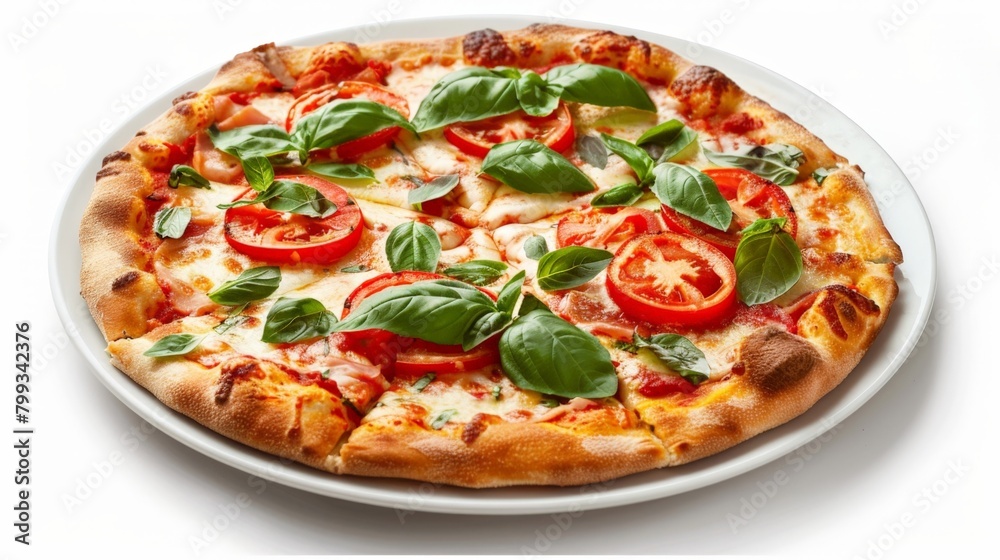 Close up of pizza with tomatoes and basil on plate Close up of pizza with tomatoes and basil on plate