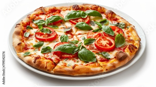 Close up of pizza with tomatoes and basil on plate