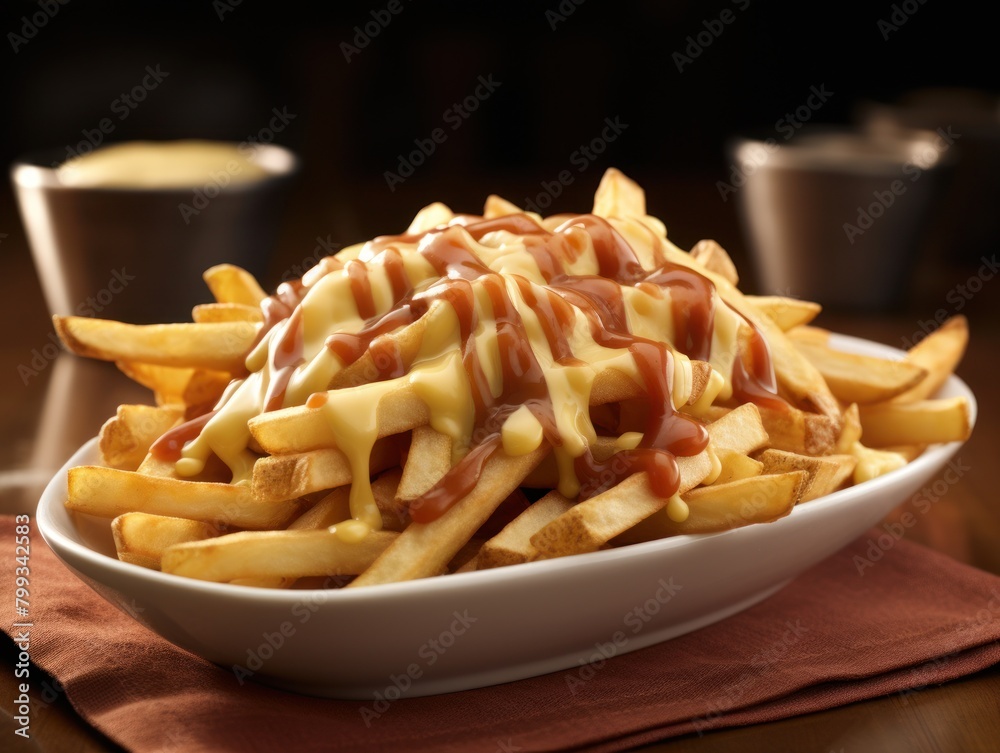 Delicious cheesy fries with ketchup and mayonnaise on a plate Delicious cheesy fries with ketchup and mayonnaise on a plate