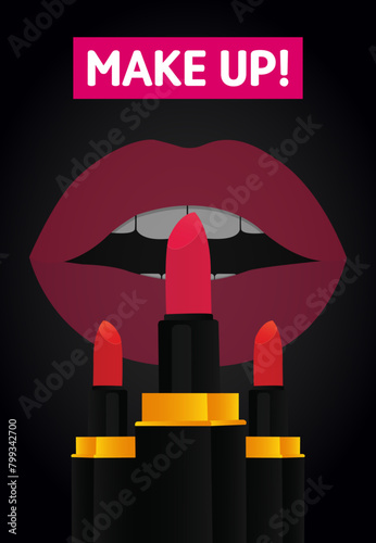 Makeup product vector vertical poster design, lipstick vector illustration.