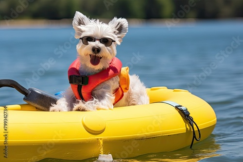 dog wearing sunglasses and life jacket on a kayak in the water photo