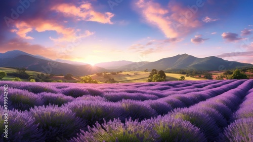 Sunset Over Lavender Fields with Mountain Backdrop