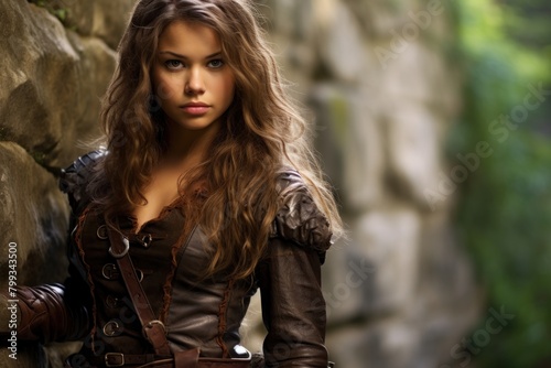 Young woman in medieval costume posing by a stone wall