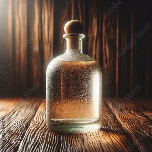 Bottle of tequila white, on wooden background drink beverage concept