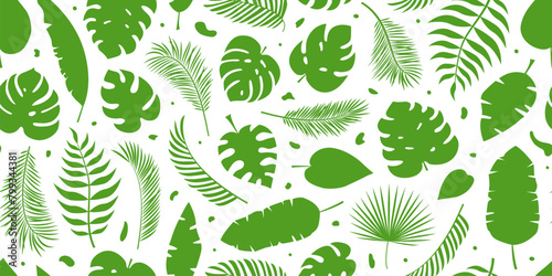 Palm leaf seamless pattern, jungle tropic leaves background, summer banana tree, cute monstera, cartoon abstract hawaii forest, exotic ornament, tropical floral print. Foliage vector illustration