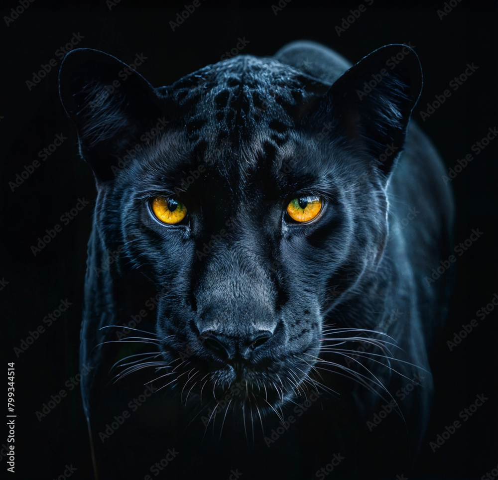 Stealthy black panther with yellow eyes