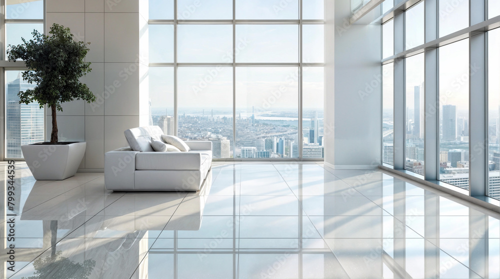 Fototapeta premium A white couch sits in a large room with floor-to-ceiling windows and a city skyline view. There's a potted plant in the room on the floor.