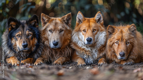 Four Diverse Dogs Lying Together on Forest Ground  Displaying Bond and Teamwork Among Canines