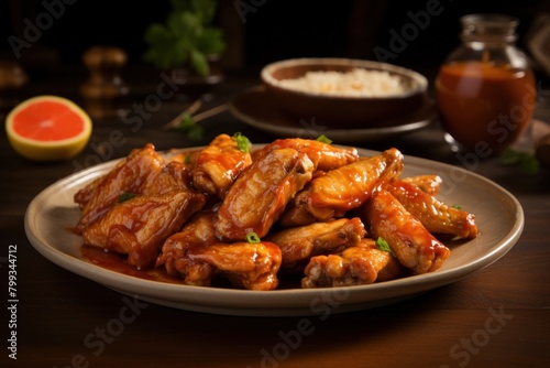 Delicious glazed chicken wings served on a plate