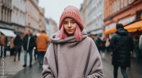 Young woman in stylish winter attire on a bustling city street
