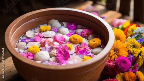 Colorful flowers and seashells floating in a traditional clay bowl