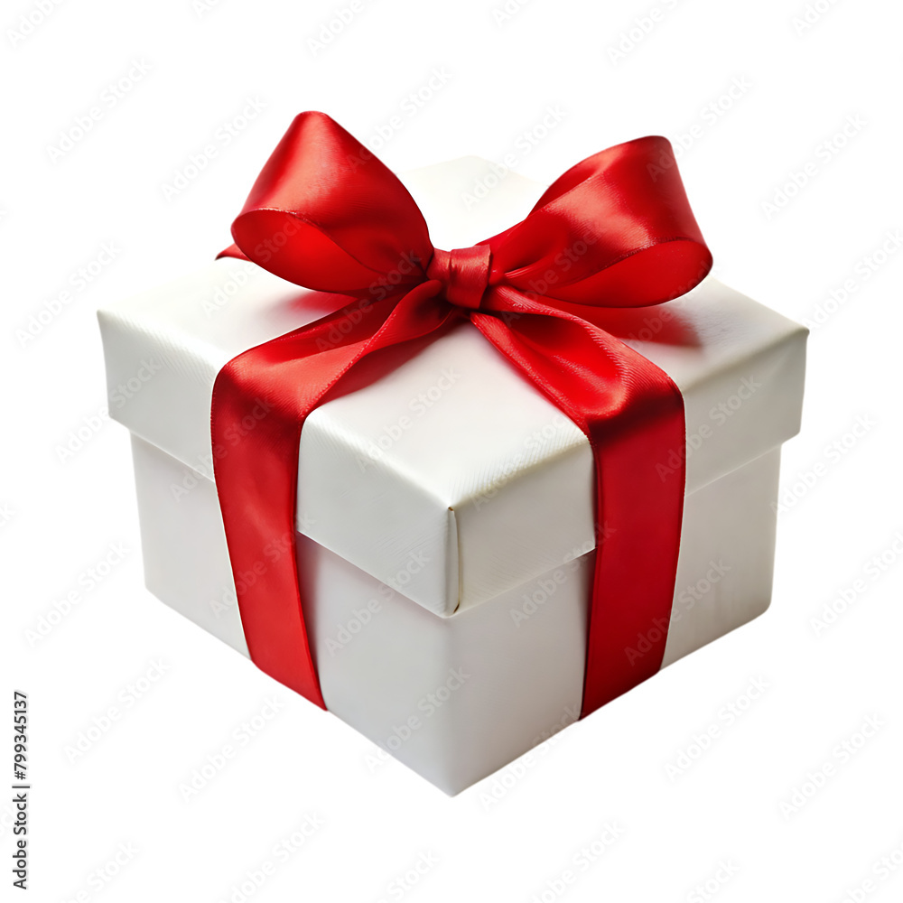 Large rectangular white gift box with a red ribbon bow isolated on transparent background Large rectangular white gift box with a red ribbon bow isolated on transparent background