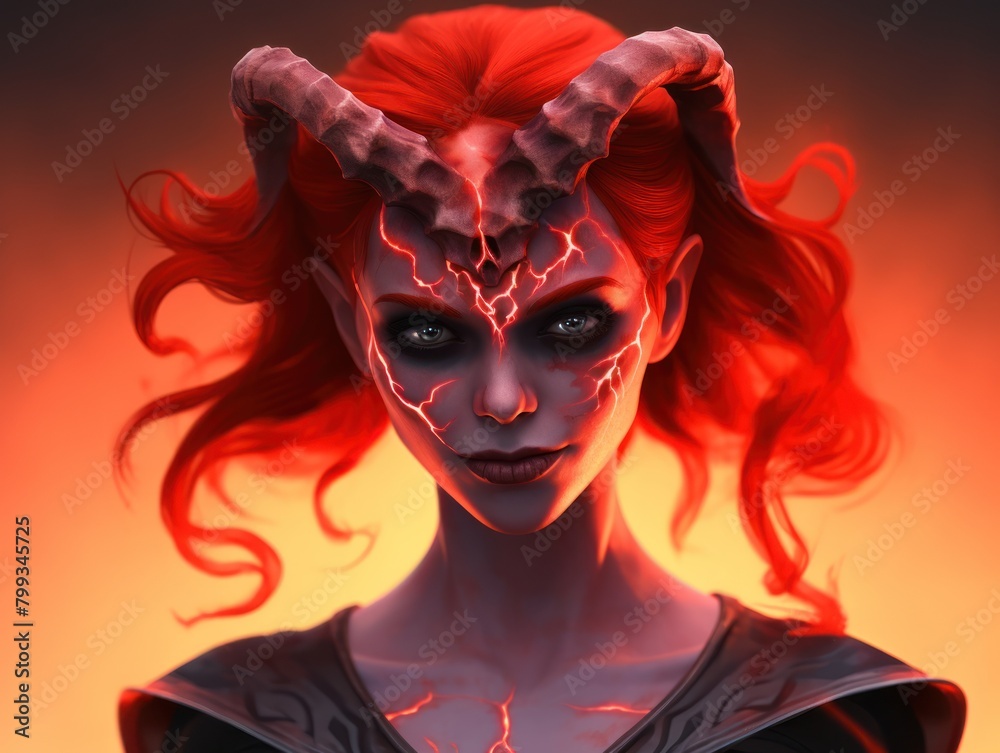Mystical female demon with glowing eyes and horns in a dramatic red light