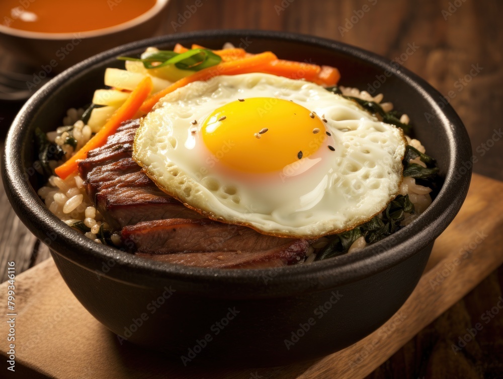 Delicious traditional Korean bibimbap in a stone bowl Delicious traditional Korean bibimbap in a stone bowl
