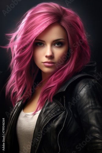 Stylish young woman with vibrant pink hair and leather jacket