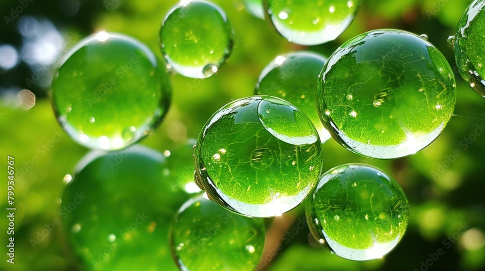 Transparent green spheres floating with nature reflections