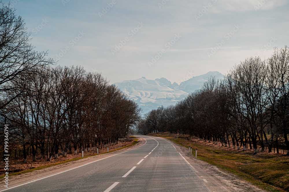 Fototapeta premium the road to the left is an asphalt scenic road with a turn to the left into the mountains with a view of the snow-capped tops of the mountains and a blue sky with clouds and along the road there are a