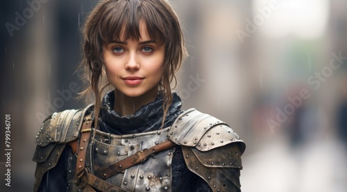 Young female warrior in medieval armor on a rainy day