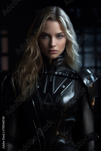 Confident female warrior in futuristic armor