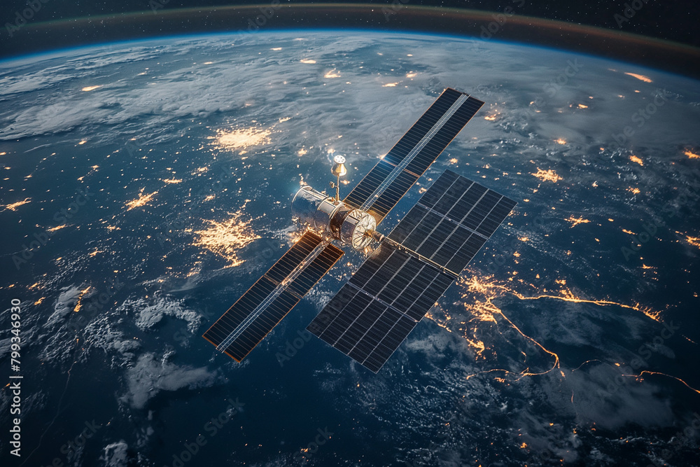 Fototapeta premium Telecommunication satellite providing global internet network and high speed data communication. Satellite in space, low Earth orbit. Worldwide data communication technology.