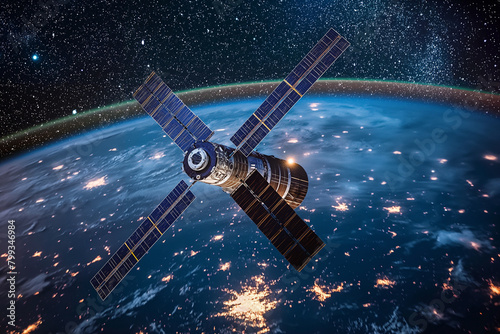 Telecommunication satellite providing global internet network and high speed data communication. Satellite in space, low Earth orbit. Worldwide data communication technology.