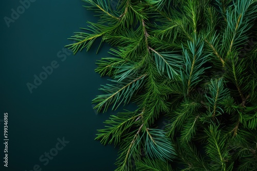 Lush green pine branches on a dark background