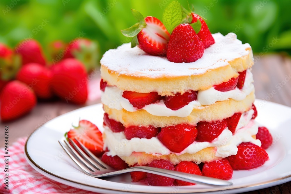 Delicious strawberry layer cake on a rustic table Delicious strawberry layer cake on a rustic table
