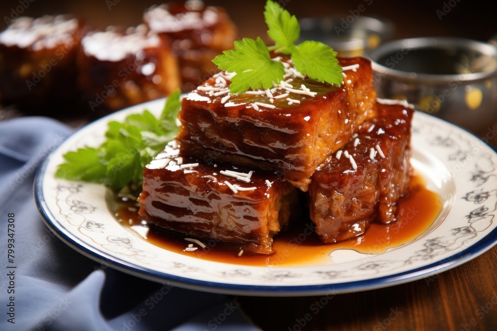 Delicious glazed ribs served on a decorative plate Delicious glazed ribs served on a decorative plate