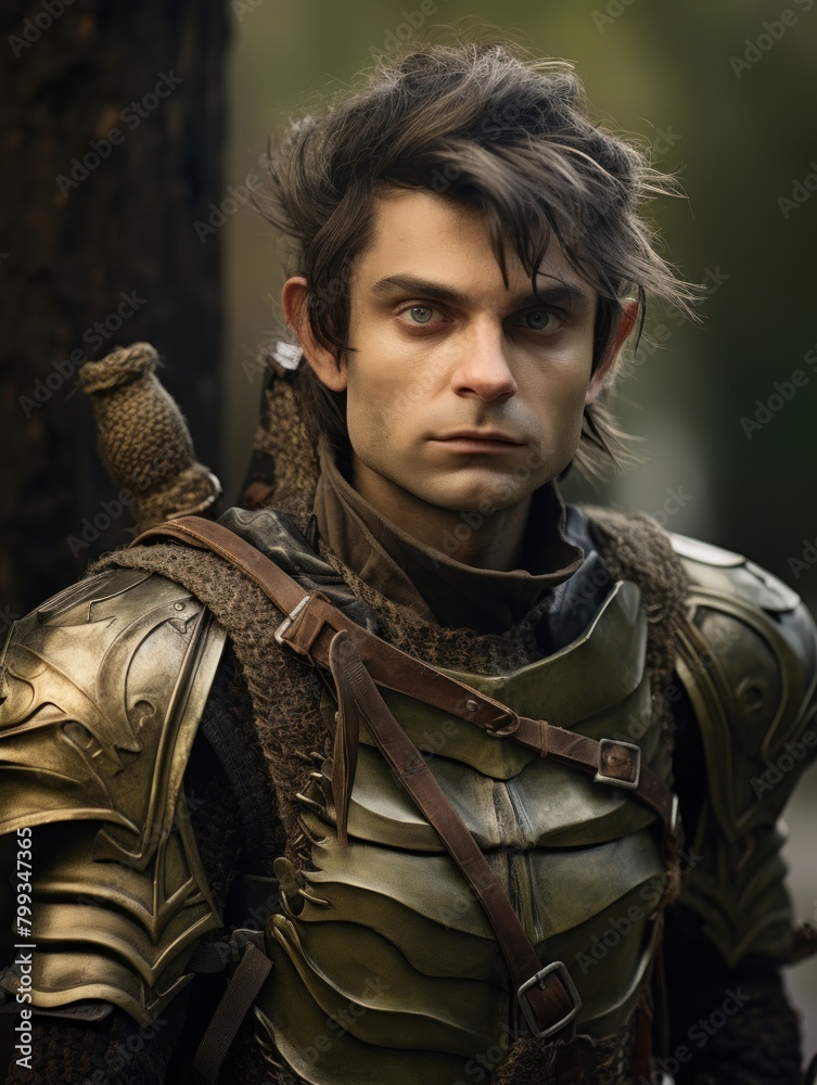Medieval warrior in armor standing in a forest Medieval warrior in armor standing in a forest