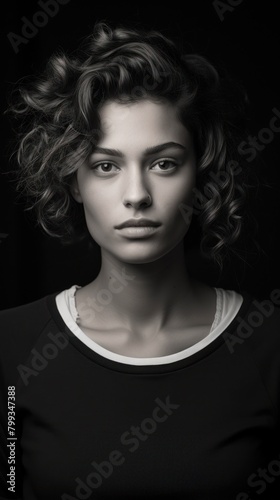 Portrait of a Young Woman with Curly Hair Against a Black Background