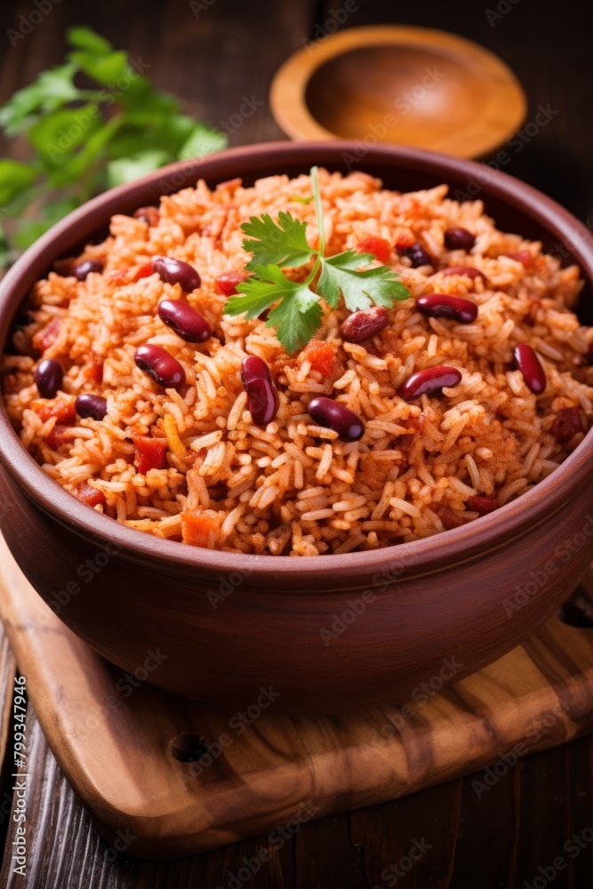 Delicious bowl of spicy rice and beans garnished with fresh herbs Delicious bowl of spicy rice and beans garnished with fresh herbs