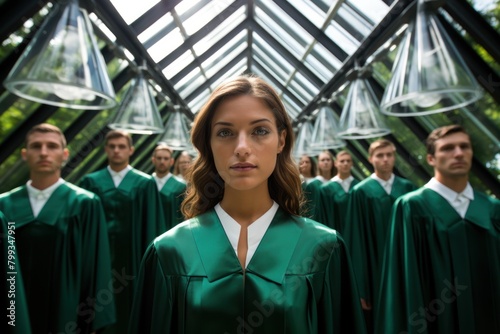 Confident graduate standing with peers in green robes
